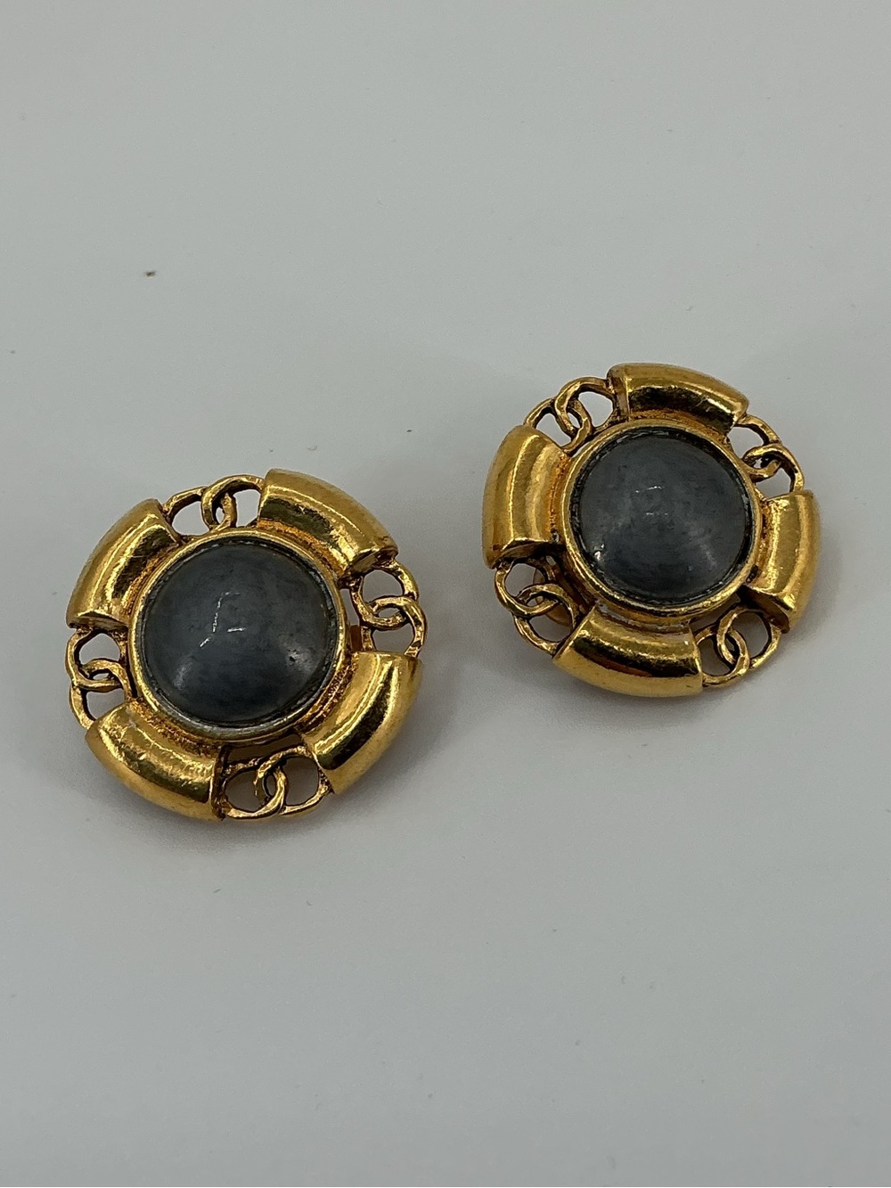 Chanel Vintage Gold CC Gray Cabochon Clip On Earrings 1994